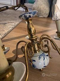 Lampadario vintage 5 luci in ottone e ceramica