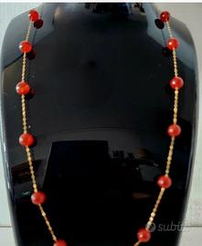 Collana oro 18kt con perle di agata rossa