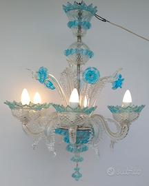 Lampadario cristallo di Murano bianco e celeste.