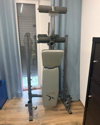 Panca multifunzione + 68 kg di pesi + 3 bilancieri