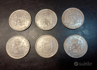 Lotto 6 Monete in Argento 5 Pesetas