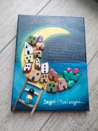 Quadretto con sassi e casette luna- segui i tuoi s