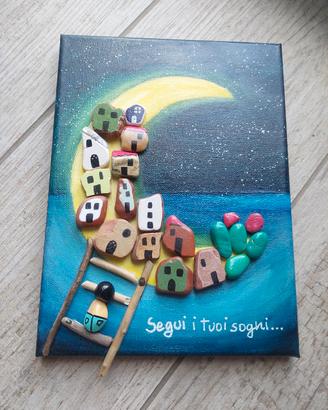 Quadretto con sassi e casette luna- segui i tuoi s