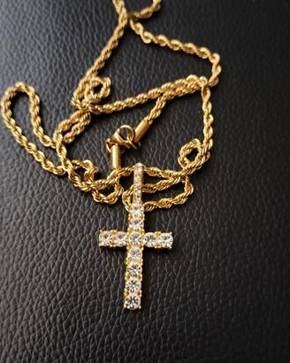 60cm Collana in acciaio con croce brillante