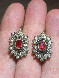 Argento 835 Orecchini Vintage Pietra Rossa 