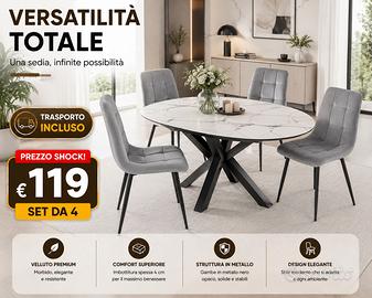 Set 4 Sedie Velluto Grigio Gambe in Metallo