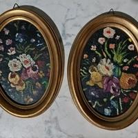 Quadretti ovali legno fiori dipinti a olio vintage