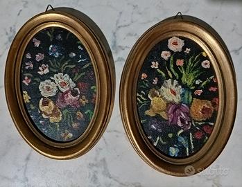 Quadretti ovali legno fiori dipinti a olio vintage