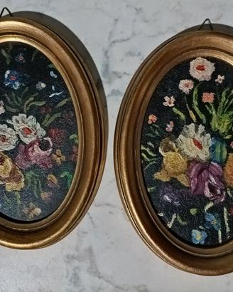 Quadretti ovali legno fiori dipinti a olio vintage