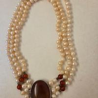 Collana 3 file perle vere, 1 Cammeo in Agata e arg