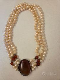 Collana 3 file perle vere, 1 Cammeo in Agata e arg
