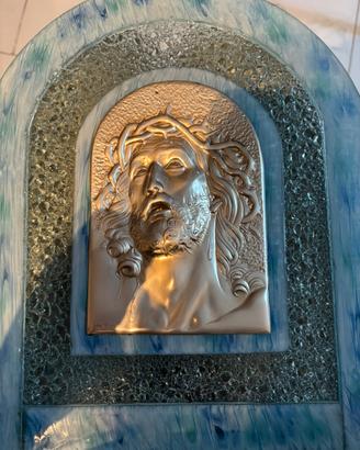 Quadro religioso in argento cornice azzurra