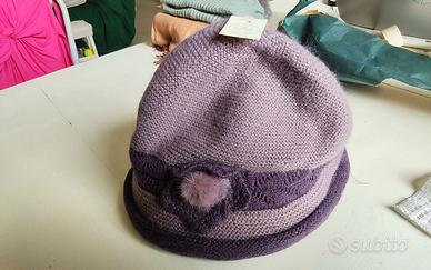 Cappello viola lana misto angora NUOVO