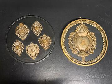 Set 2 quadri antichi ex voto Cuore Sacro vetro