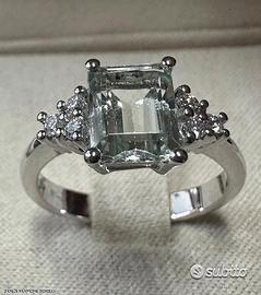 ANELLO ORO BIANCO 18kt. DIAMANTI ED ACQUAMARINA