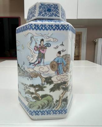 Vaso con coperchio esagonale in porcellana cinese