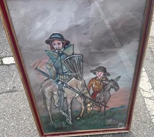 Dipinto firmato  Don Chisciotte e Sancho