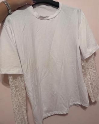Maglia a maniche con pizzo - bianco