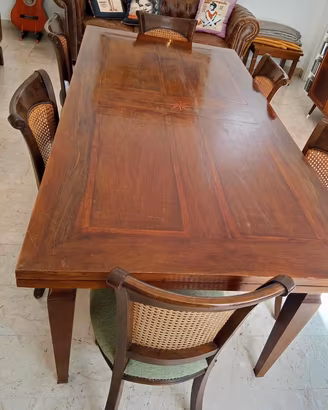 TAVOLO IN NOCE CON INTARSIO + 6 SEDIE