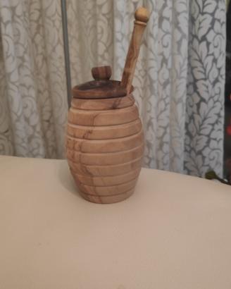Vaso per miele in legno di ulivdicon dispenser