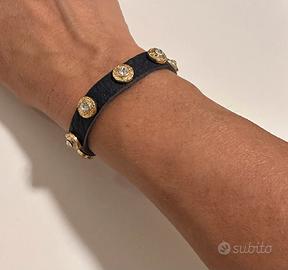 Bracciale in pelle nera borchie dorate e strass