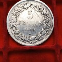 Belgio Leopoldo I 5 Franchi 1849 Moneta Argento.
