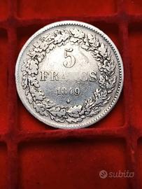 Belgio Leopoldo I 5 Franchi 1849 Moneta Argento.
