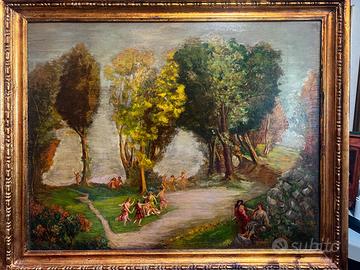 Allegoria antica olio su legno da collezione
