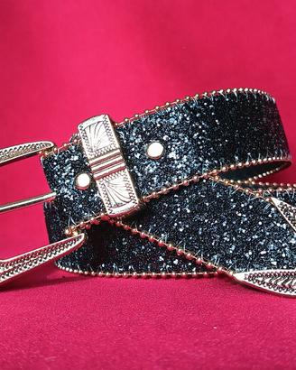 Cintura Western Glitter Nero Fibbia Oro NUOVA 110