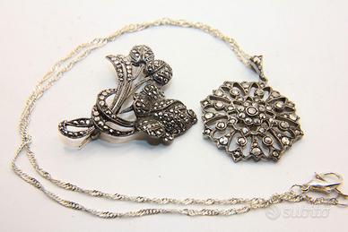 Splendida parure collana spilla argento marcasiti