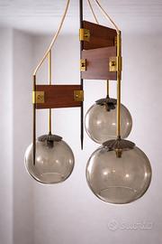 Lampadario anni ‘70 vetro fume e ottone - raro