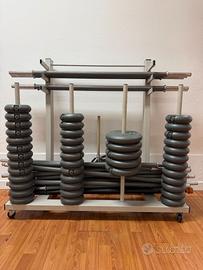Rastrelliera grigia per pesi e bilancieri fitness