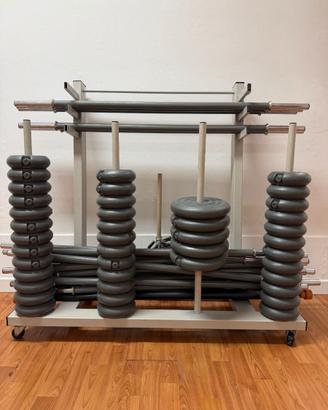 Rastrelliera grigia per pesi e bilancieri fitness