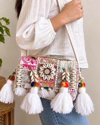 Borsa a tracolla boho patchwork con conchiglie