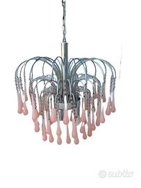 LAMPADARIO MID-CENTURY IN ACCIAIO E GOCCE ROSA