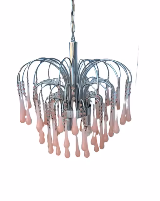 LAMPADARIO MID-CENTURY IN ACCIAIO E GOCCE ROSA