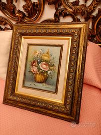 Quadro olio su tela "fiori  in una cesta"  vintage