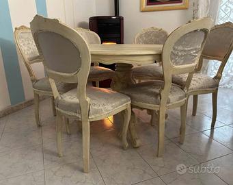 Tavolo rotondo shabby chic + 4 sedie imbottite