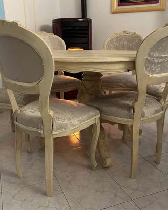 Tavolo rotondo shabby chic + 4 sedie imbottite