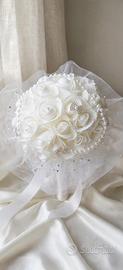 Bouquet bianco sposa  - rose finte  con perle