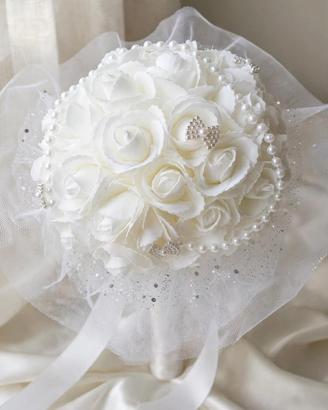 Bouquet bianco sposa  - rose finte  con perle