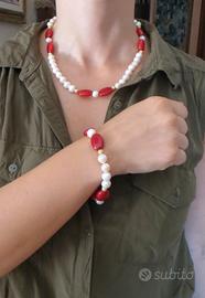 Collana bracciale orecchini perle rubino argento