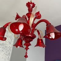 Lampadario di Murano Rosso con Foglie d’Oro 24k