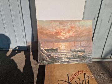 Dipinto olio su tela Tramonto con barche