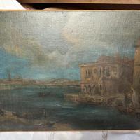 Antico dipinto veduta veneziana con gondole