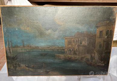 Antico dipinto veduta veneziana con gondole
