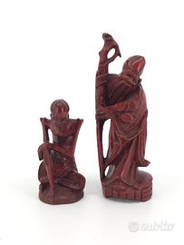 Coppia Sculture Saggi Cinesi Legno '900