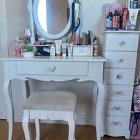 Console trucco con specchio cassettiera e sgabello