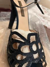 Sandalo con tacco elegante glitter blu +borsa