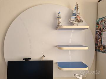 Scrivania+pannello in legno bianco e celeste